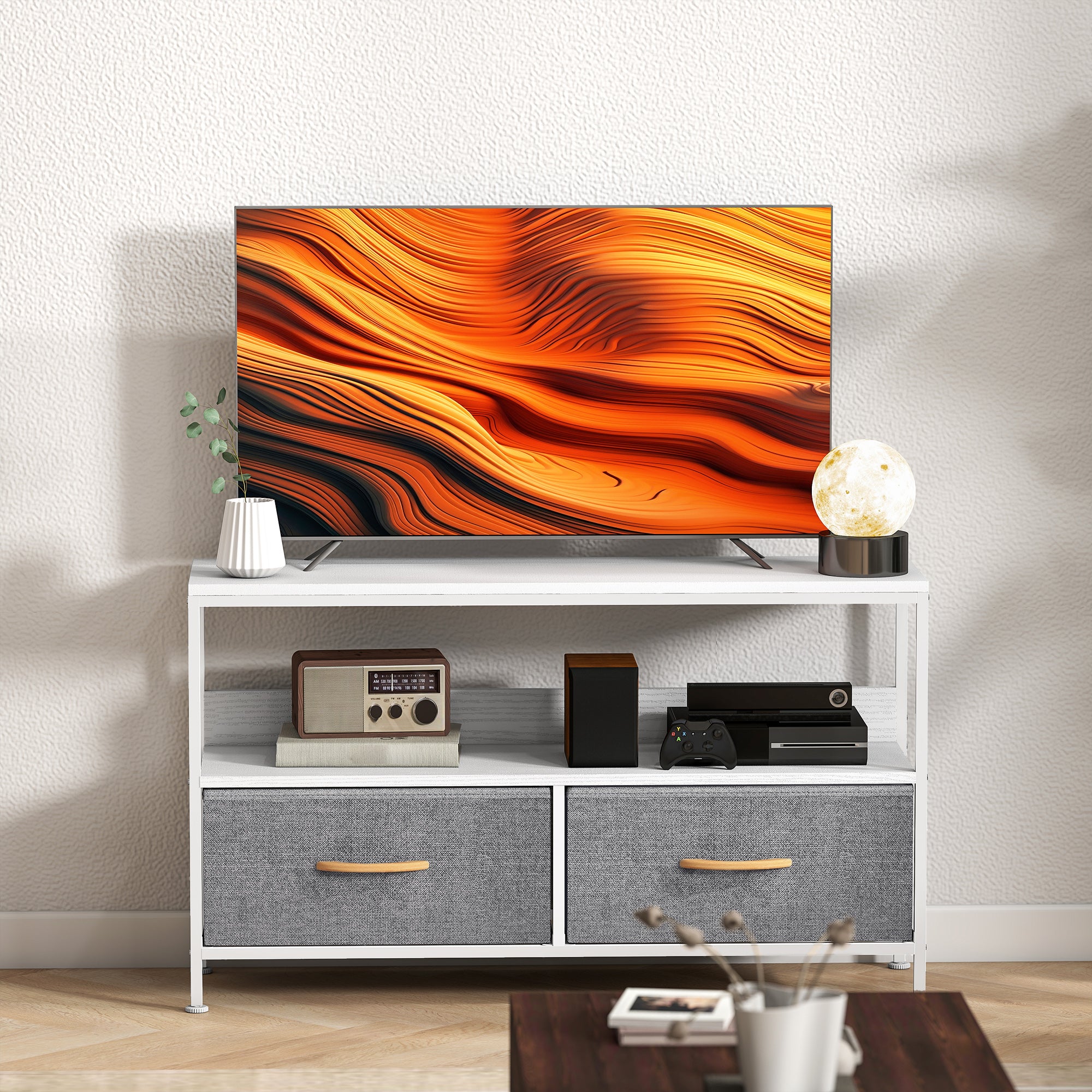 TV Stand Cabinet with 2 Foldable Drawers - White