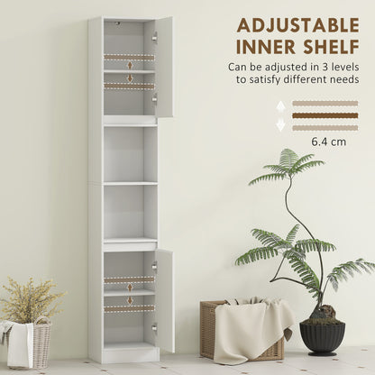 Narrow Bathroom Cabinet, Slim Bathroom Storage Unit with Open Compartment, Freestanding Storage Cupboard with Adjustable Shelves for Small Spaces, 30 x 24 x 170 cm, White