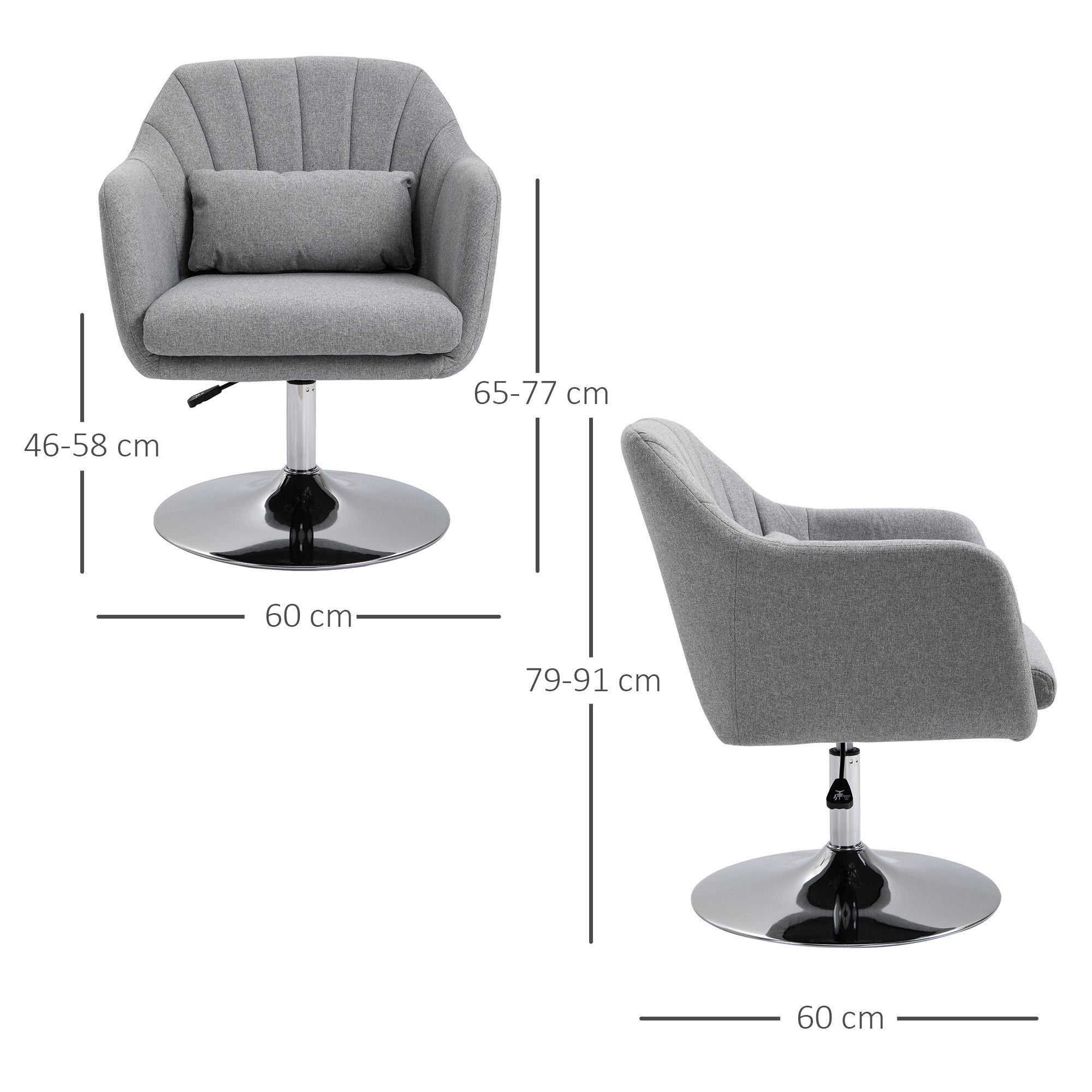 HOMCOM Swivel Accent Chair, Linen Fabric Tub Vanity Chair, Modern Armchair with Adjustable Height and Lumbar Support for Living Room Bedroom Salon Make up Room Dressing Table, Light Grey