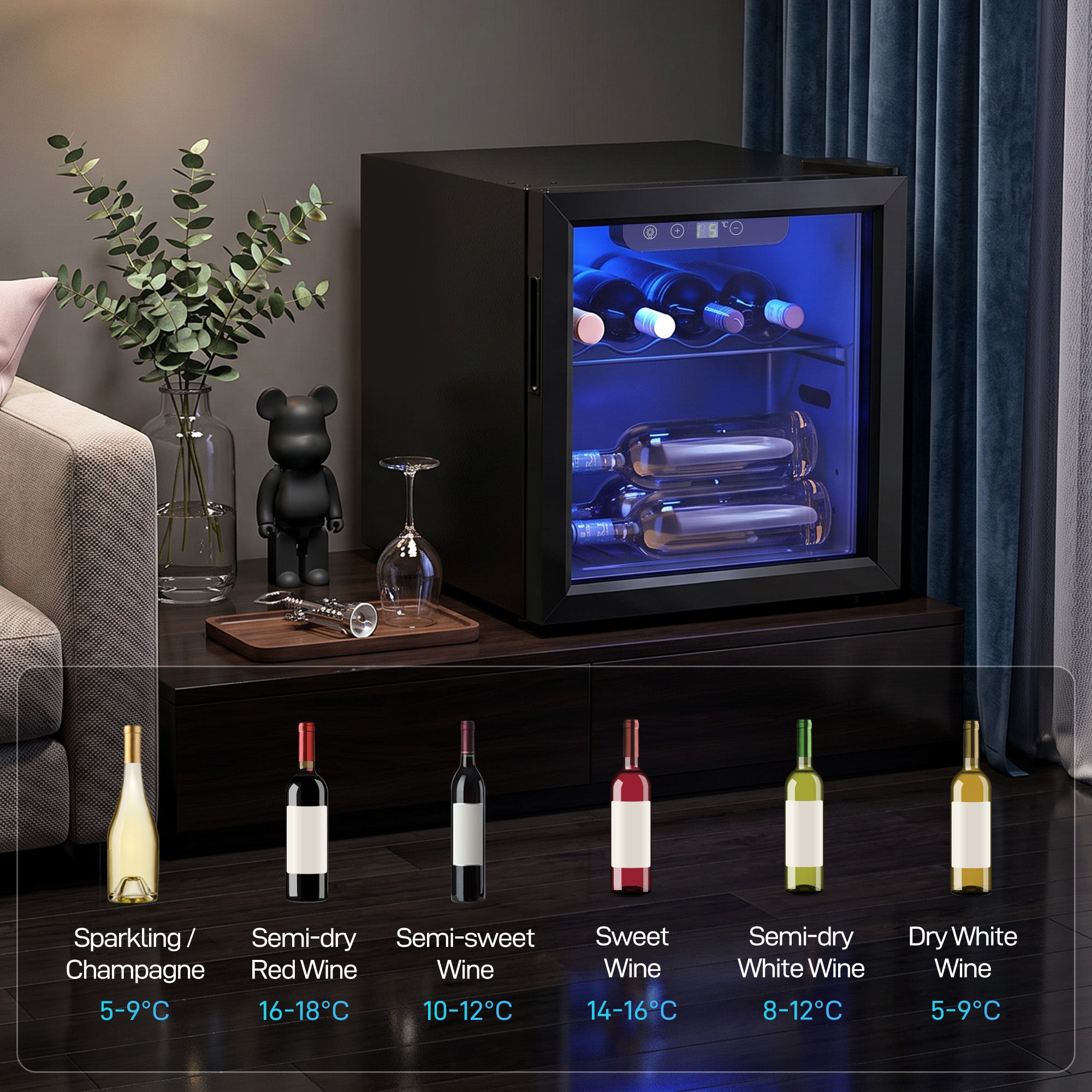 12 Bottle Wine Cooler, 36 Litre Capacity, 4-16°C Tabletop Drinks Wine Fridge with Glass Door, LED Light, Black