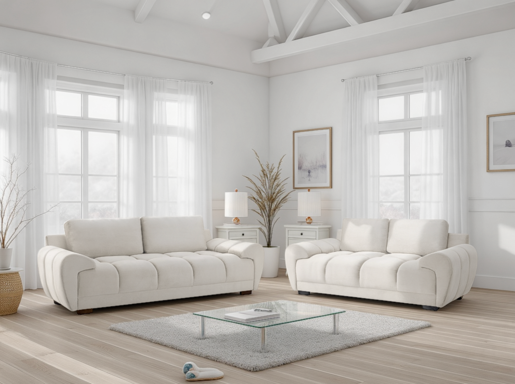 Azzuro Cream Fabric 3+2 Seater Sofa Set with Quilted Seats