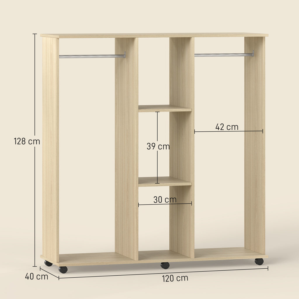 Open Wardrobe Double Mobile Storage Shelves Organizer W/6 Wheels-Natural
