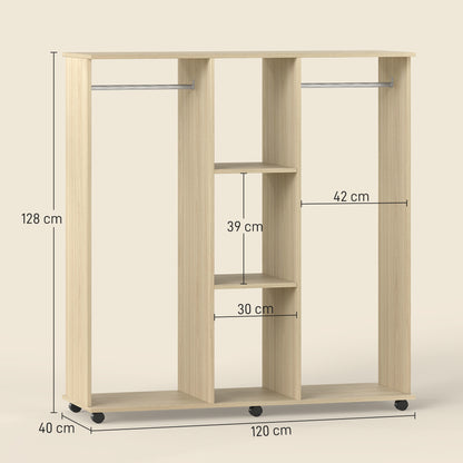 Open Wardrobe Double Mobile Storage Shelves Organizer W/6 Wheels-Natural
