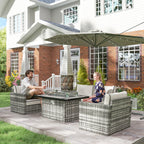 Outsunny 5-Piece Rattan Patio Furniture Set with Gas Fire Pit Table, Loveseat Sofa, Armchairs, Cushions, Pillows, Grey