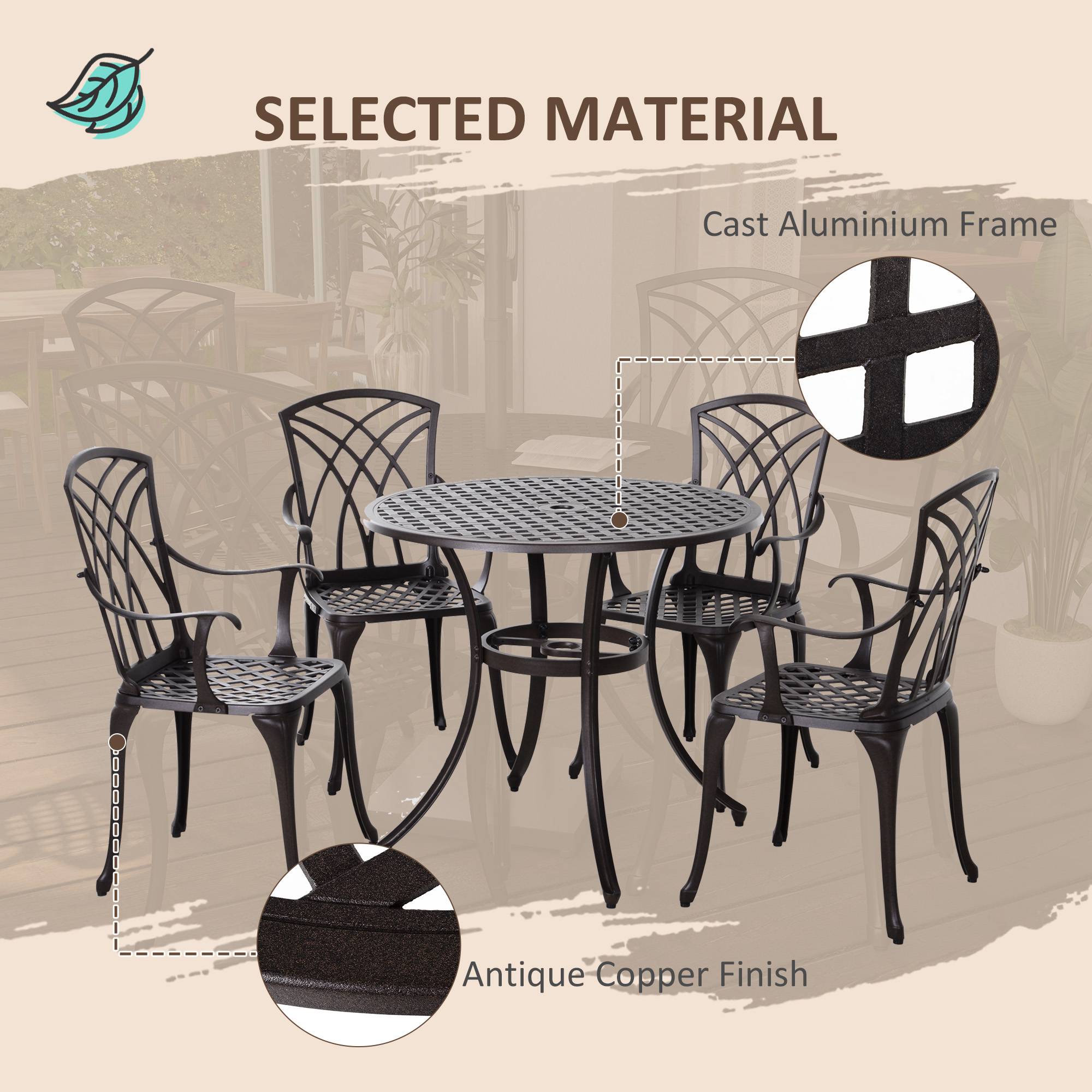 Outsunny 5 Pieces Garden Dining Set for 4, Cast Aluminium Outdoor Dining Set with 4 Armchairs and Round Dining Table with Parasol Hole, Garden Furniture Bistro Set, Brown
