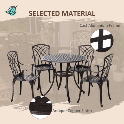 Outsunny 5 Pieces Garden Dining Set for 4, Cast Aluminium Outdoor Dining Set with 4 Armchairs and Round Dining Table with Parasol Hole, Garden Furniture Bistro Set, Brown