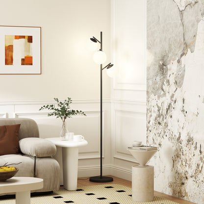 3-Light Tree Floor Lamps for Living Room, Modern Standing Lamp for Bedroom with Globe Lampshade, Steel Base, Bulb not Included, Black