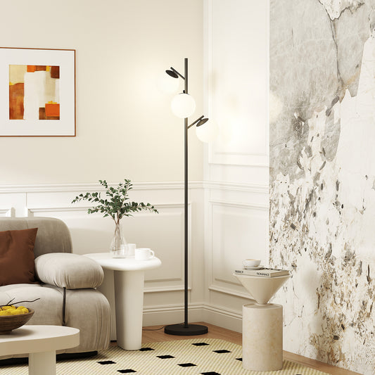 3-Light Tree Floor Lamps for Living Room, Modern Standing Lamp for Bedroom with Globe Lampshade, Steel Base, Bulb not Included, Black