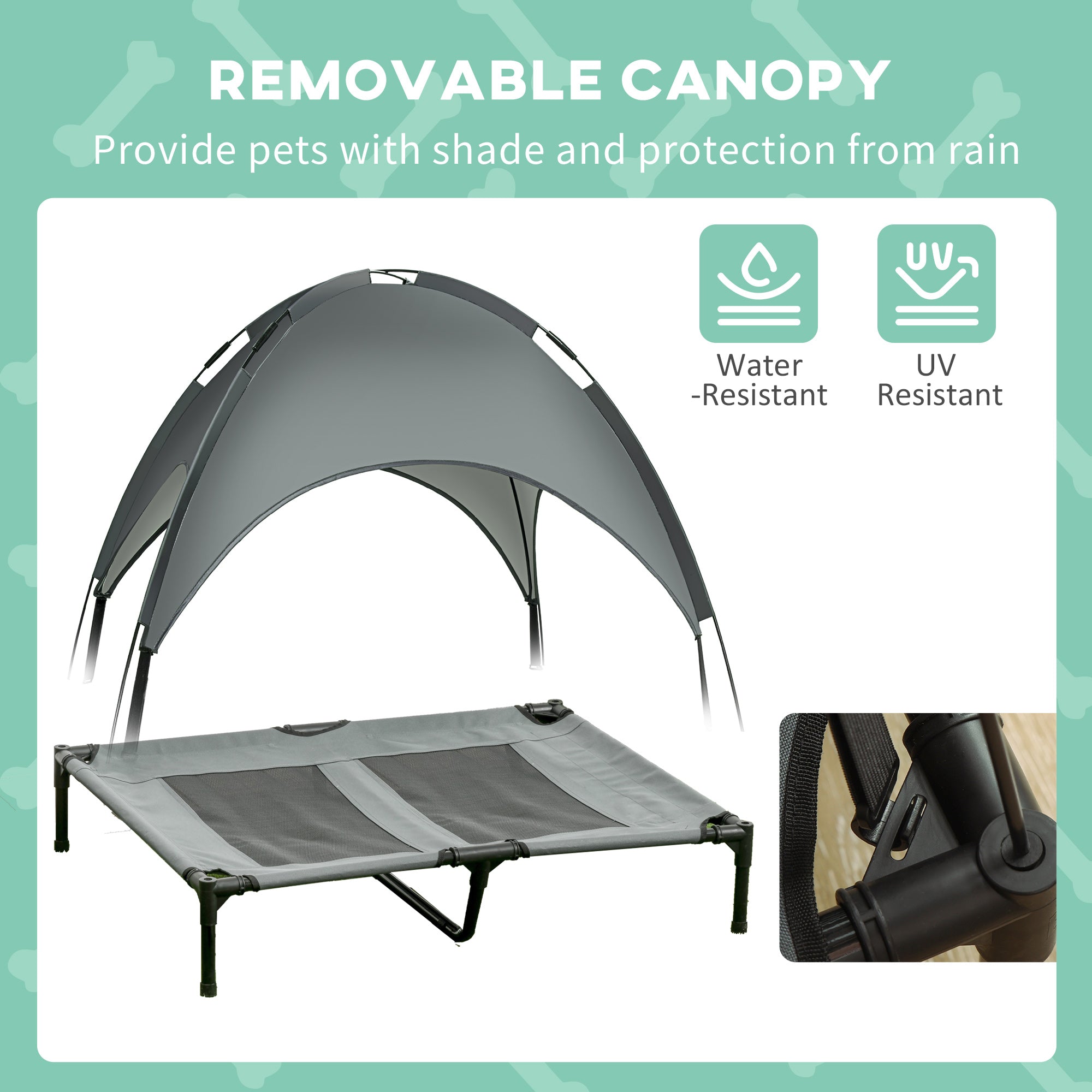 PawHut Outdoor Dog Bed with Removable Canopy, Portable Raised Dog Bed for Camping, Garden & Beach, Water-Resistant UV-Protection Mesh Pet Cot Sun Lounger, for Large Pets, 92 x 76 x 90 cm, Grey