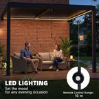 Outsunny 3 x 3 m Louvered Pergola with LED Lights, Metal Louvres, Wall Mounted Aluminium Patio Gazebo Pergola, Dark Grey