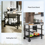 Outsunny Outdoor Grill Dining Cart 2-Shelf Movable Pizza Oven Table Stand with Stainless Steel Top, Portable BBQ Trolley Food Prep Outdoor Kitchen Barbecue Station with Hooks Wheels, Charcoal Grey
