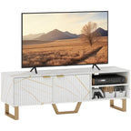 Marble Effect TV Unit, Modern TV Stand Cabinet for up to 70" TVs, with Shelves and Storage Cupboard, Fluted Door, Extra Centre Leg, Cable Management for Living Room, White