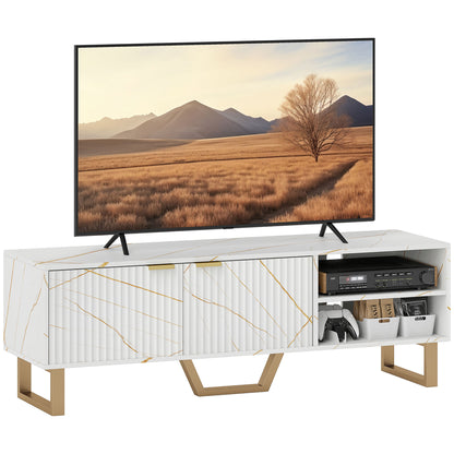 Marble Effect TV Unit, Modern TV Stand Cabinet for up to 70" TVs, with Shelves and Storage Cupboard, Fluted Door, Extra Centre Leg, Cable Management for Living Room, White