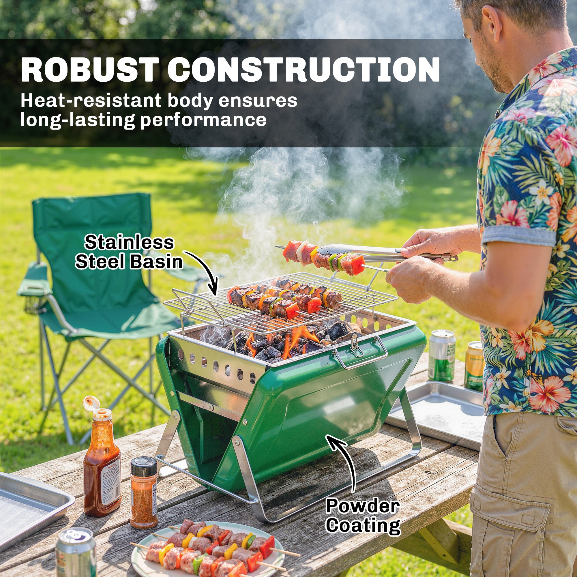 Outsunny Charcoal BBQ Grill Portable Stainless Steel Barbecue with Tilting Grate for Camping Picnic Garden Dark Green