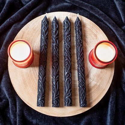 Set of 4 Black Debossed Taper Candles