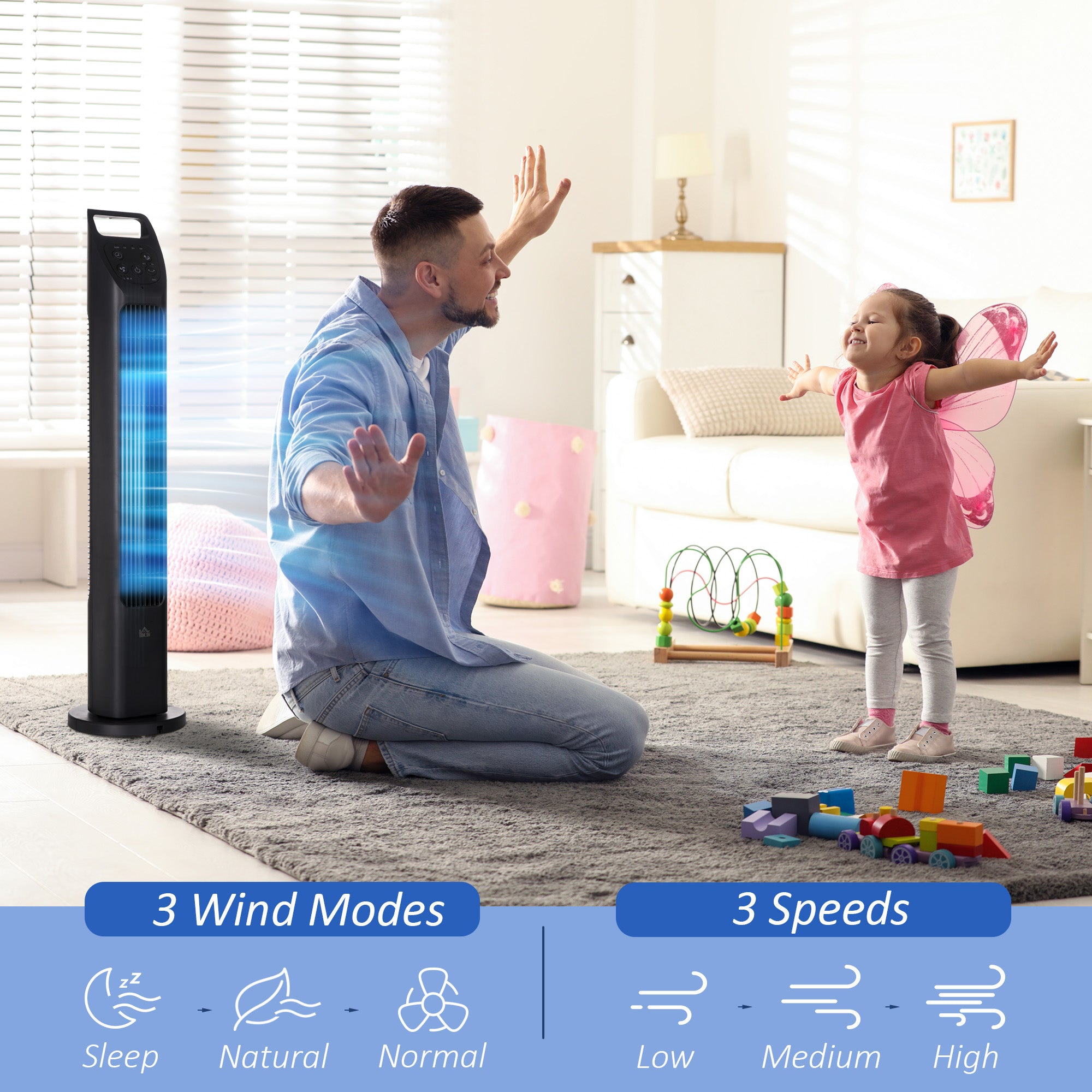 31" Oscillating Tower Fan with Remote Control, 4H Timer, 3 Speed 3 Modes, Quiet Electric Floor Standing Fan for Home Bedroom Office, Black