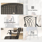 Outsunny 3 Pieces Garden Dining Set for 2, Cast Aluminium Outdoor Dining Set with 2 Armchairs and Round Dining Table with Parasol Hole, Garden Furniture Bistro Set, Brown
