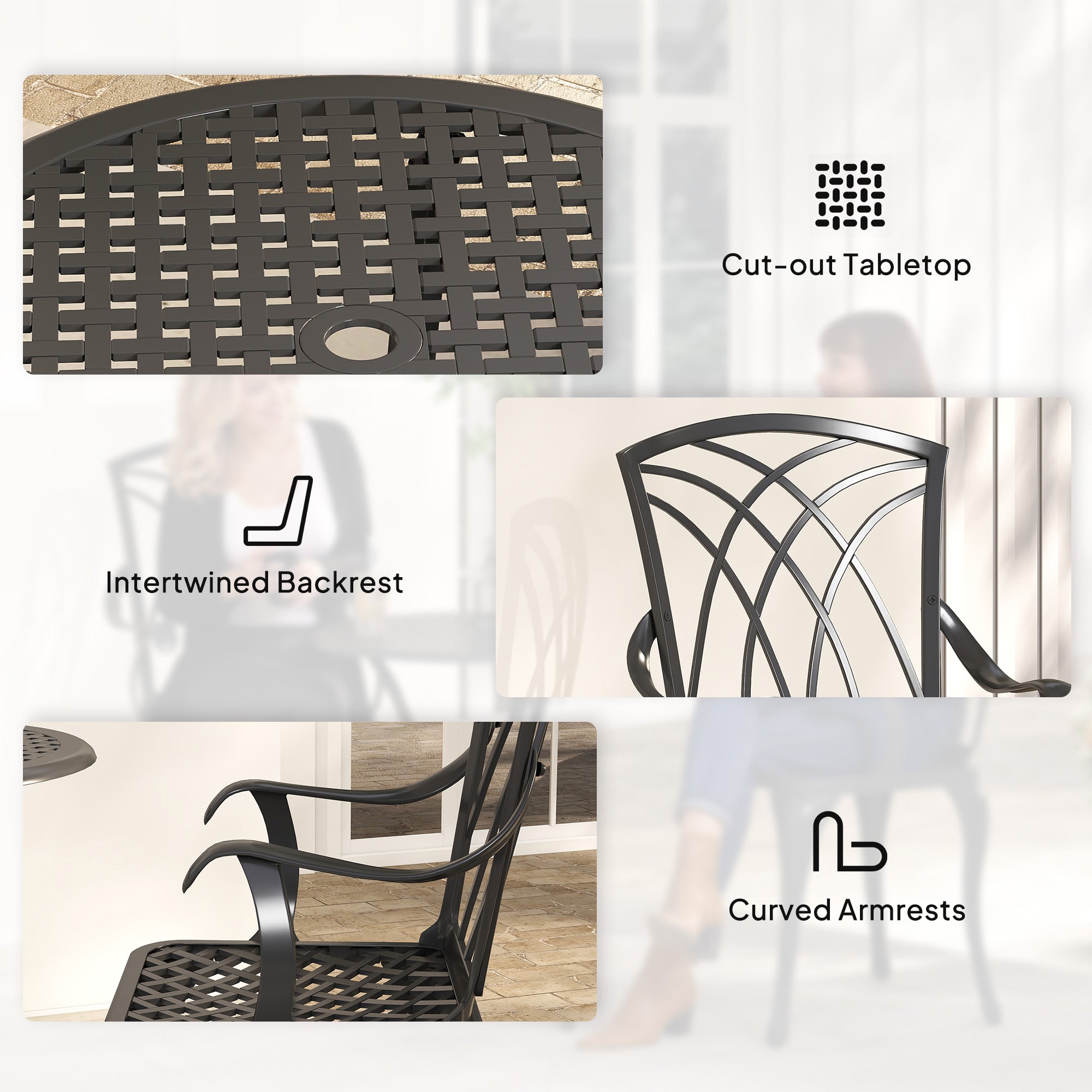 Outsunny 3 Pieces Garden Dining Set for 2, Cast Aluminium Outdoor Dining Set with 2 Armchairs and Round Dining Table with Parasol Hole, Garden Furniture Bistro Set, Brown