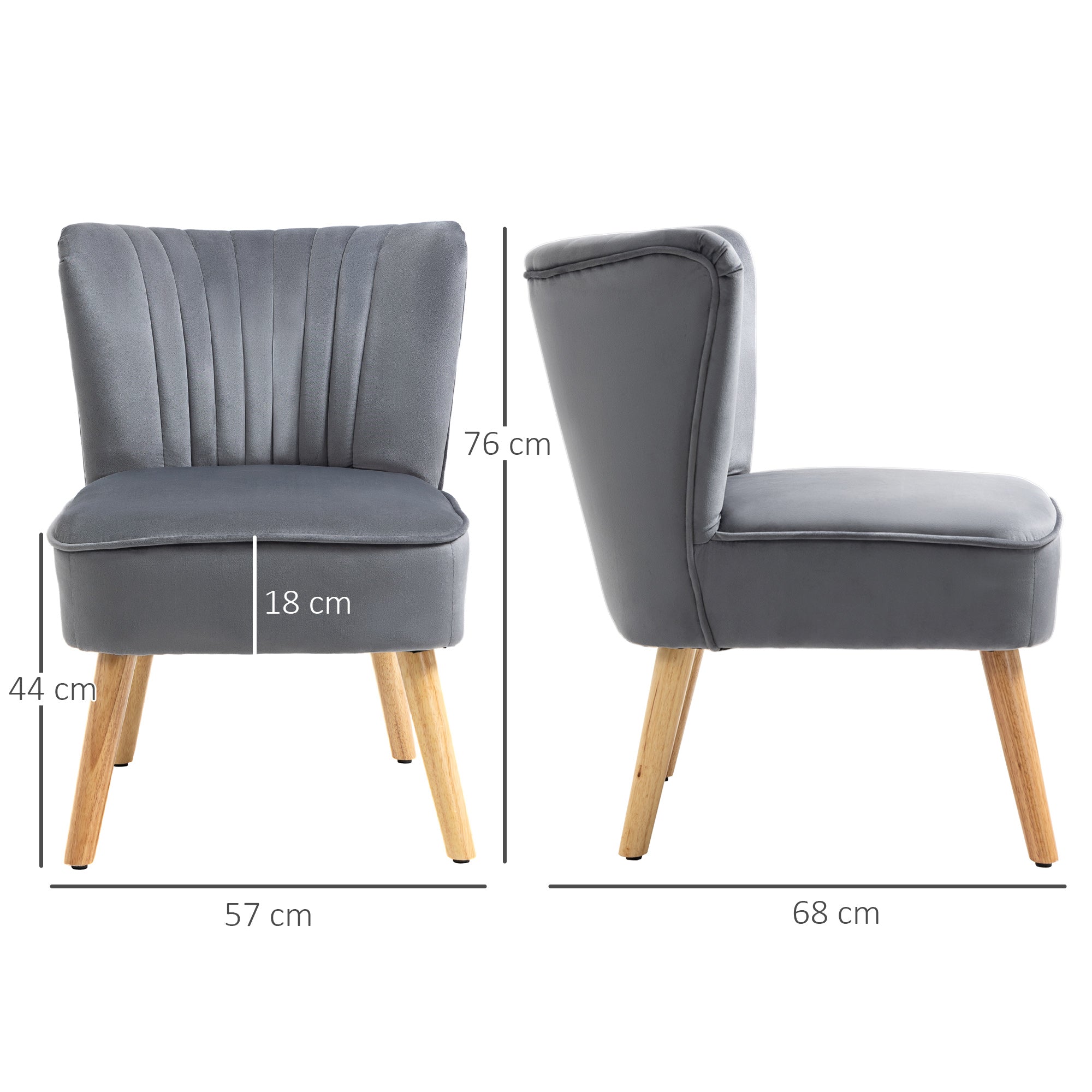 HOMCOM Velvet Accent Chair Occasional Tub Seat Padding Curved Back with Wood Frame Legs Home Furniture for Bedroom Living Room Set of 2 Grey