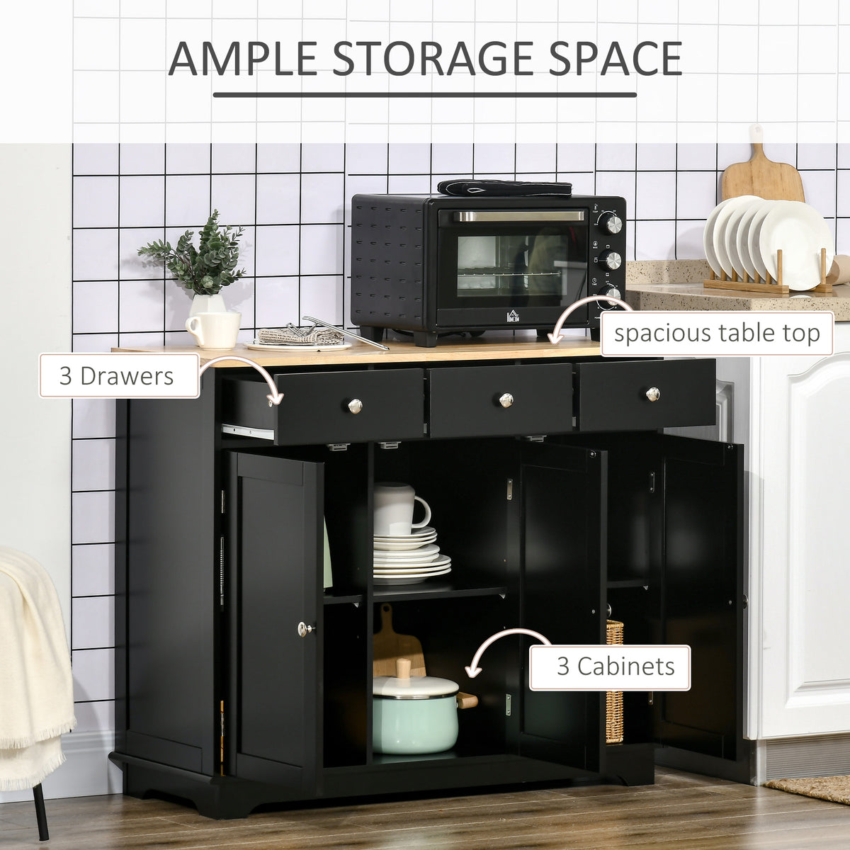 Sideboard with Rubberwood Top and Adjustable Shelves for Dining Room, Kitchen - Black
