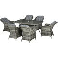 Outsunny Seven-Piece Rattan Dining Set with Tempered Glass Table Top and Parasol Hole - Grey