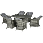 Outsunny Seven-Piece Rattan Dining Set with Tempered Glass Table Top and Parasol Hole - Grey