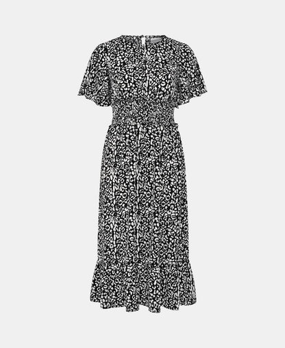 Black Animal Smock Waisted Midi Dress