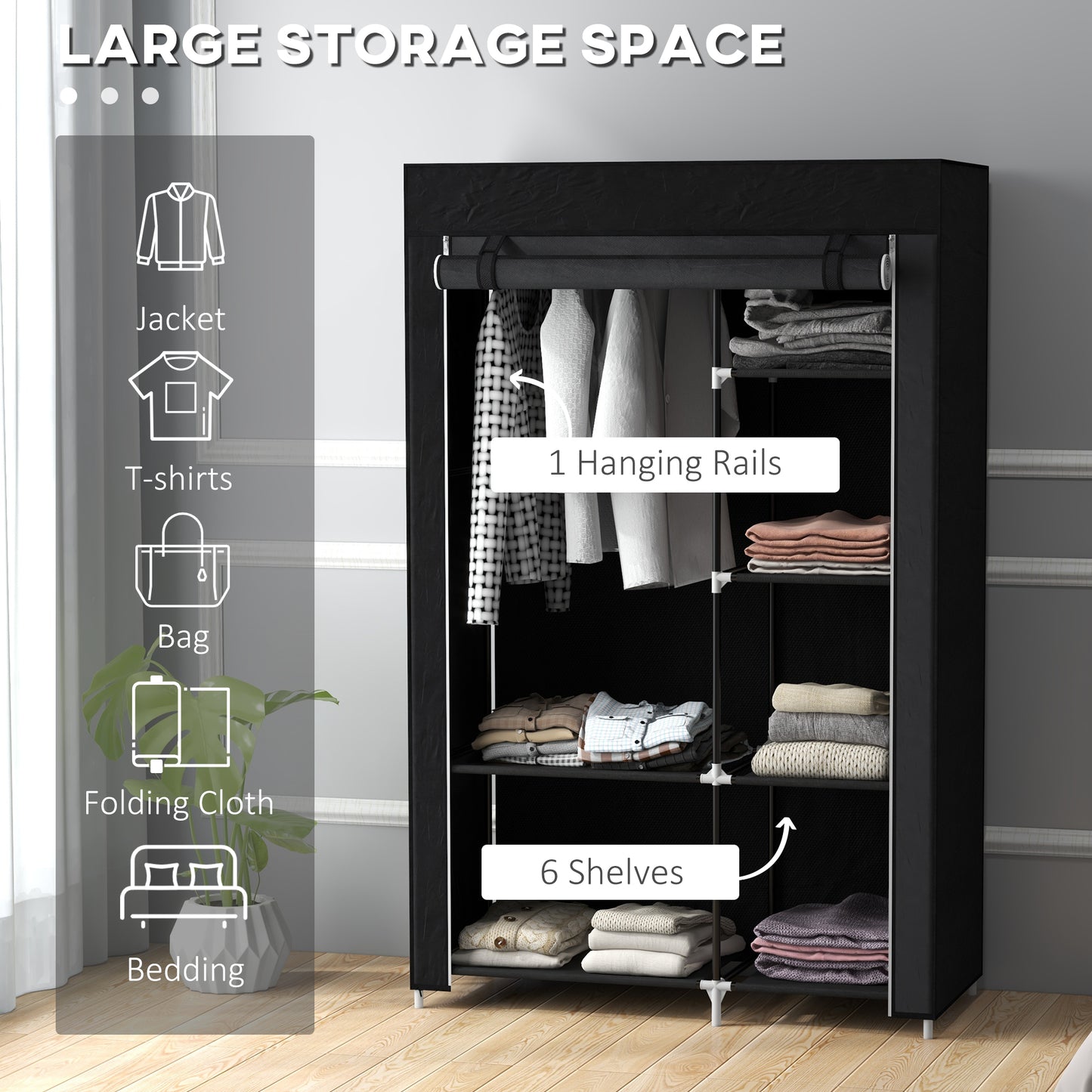 Fabric Wardrobe w/ Shelves Hanging Rail Foldable Wardrobe Black