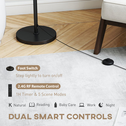 Floor Lamp with Remote, Height Adjustable Standing Lamp with Linen Shade, Dimmable with 3000K-6000K Adjustable Colour Temperatures, Foot Switch for Living Room Bedroom Office, Black