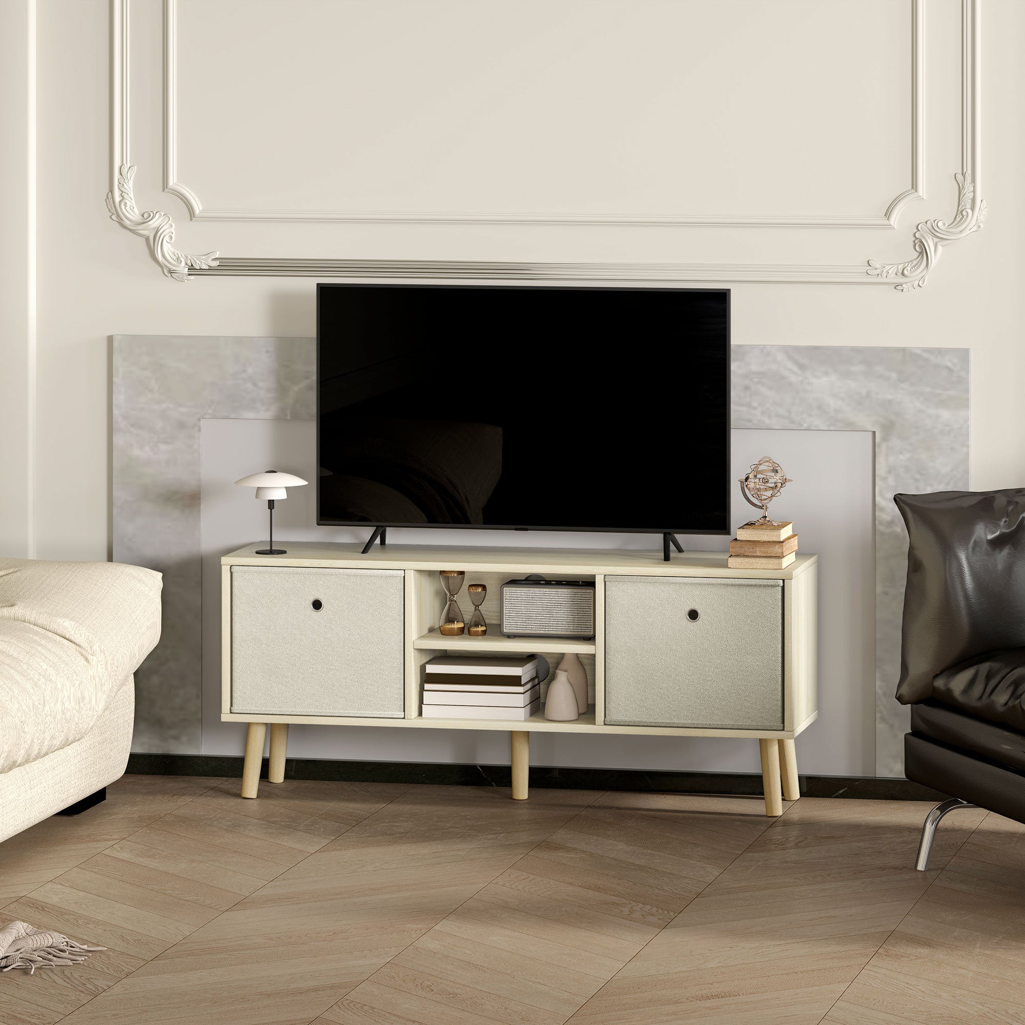 TV Cabinet Stand Unit for TVs up to 50'' with Foldable Drawers, Entertainment Centre for Living Room Natural