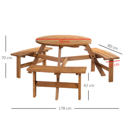Outsunny Wooden Garden Dining Set, 6 Seater Round Dining Picnic Table with Matching Bench, Garden Furniture Set with Parasol Hole for Outdoor Patio Party and Family Gatherings, Brownish Red