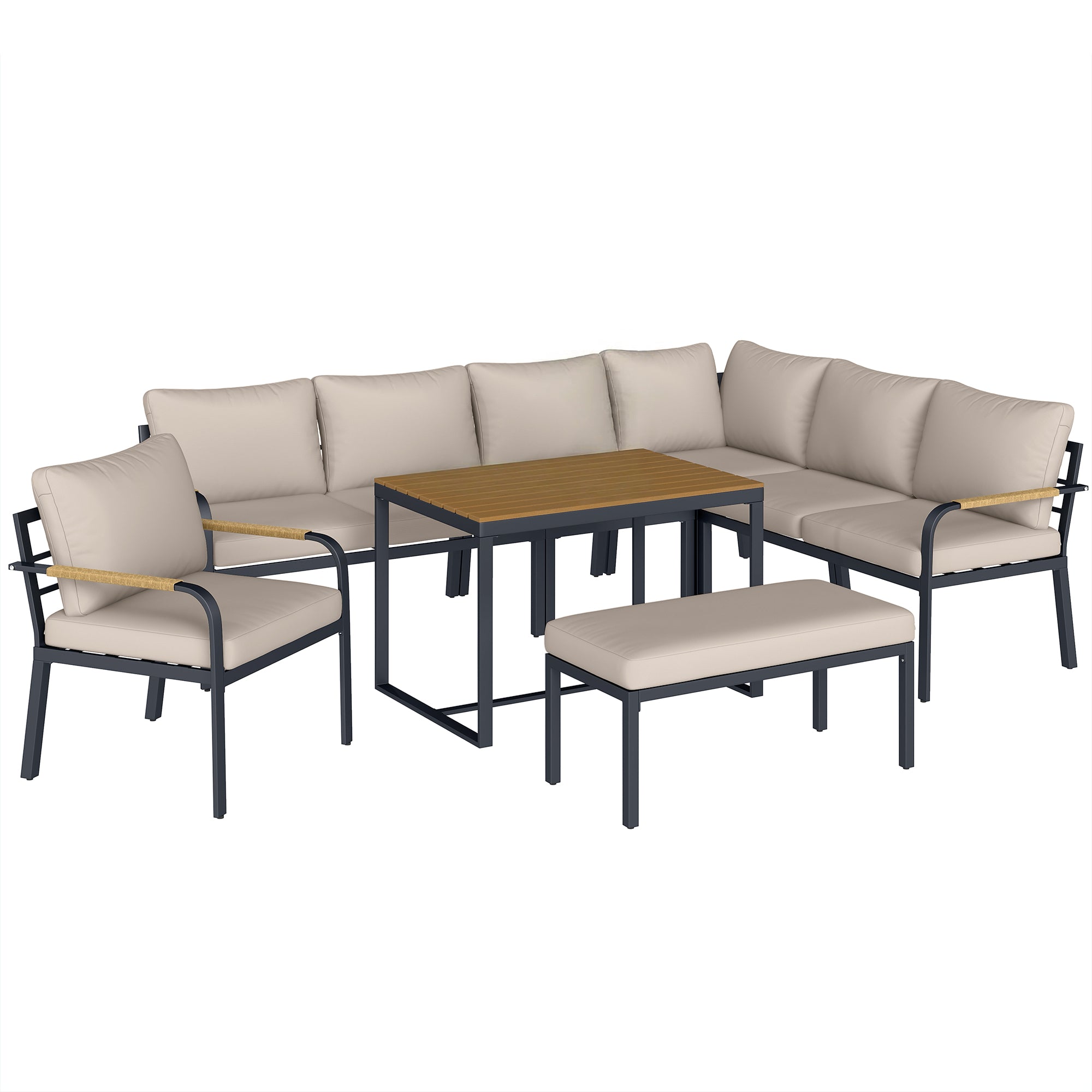 Outsunny 7 Seater Garden Furniture Set, Metal Garden Sofa Set with Cushions, Outdoor Furniture Conversation Sets, Khaki