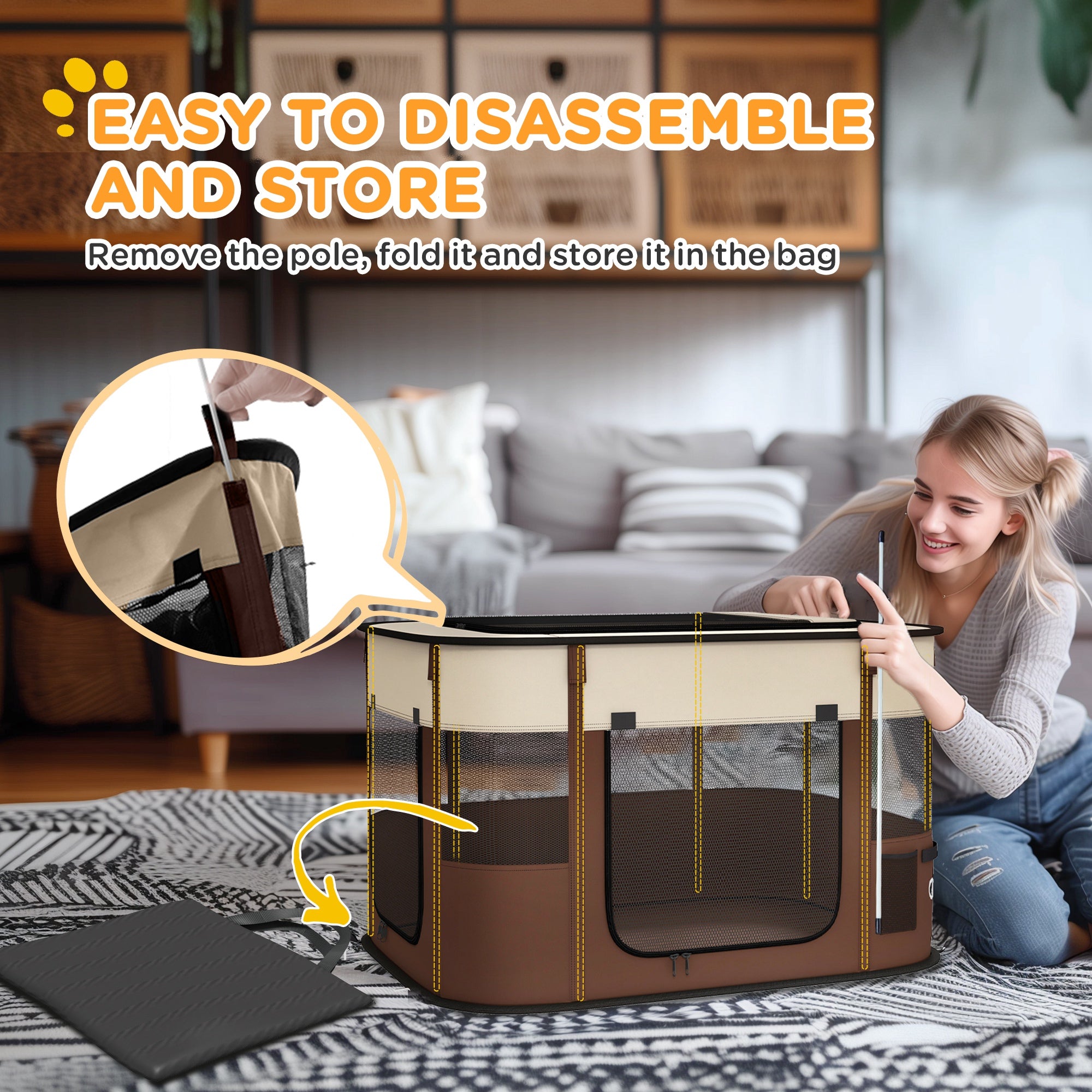 PawHut Foldable Dog Pen with Storage Bag for Indoor/Outdoor Use, Portable Pet playpen, with Ground Stakes - Brown