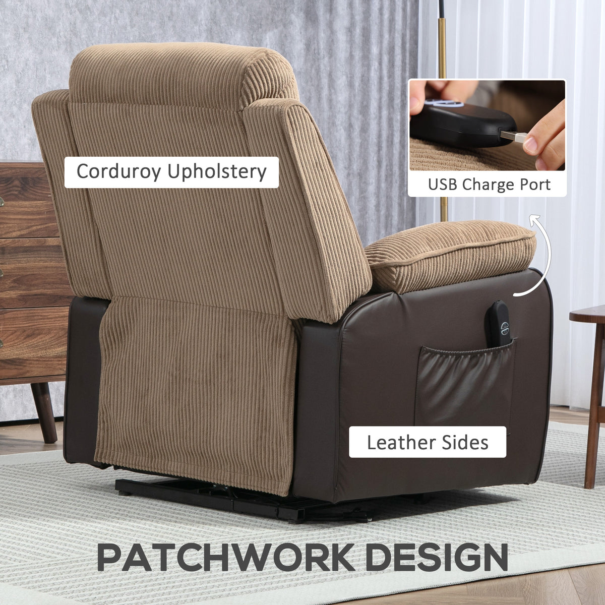 Overstuffed Corduroy Electric Lift Recliner Chair - Brown