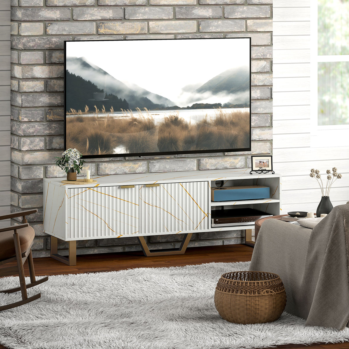 Marble Effect TV Unit, Modern TV Stand Cabinet for up to 70" TVs, with Shelves and Storage Cupboard, Fluted Door, Extra Centre Leg, Cable Management for Living Room, White