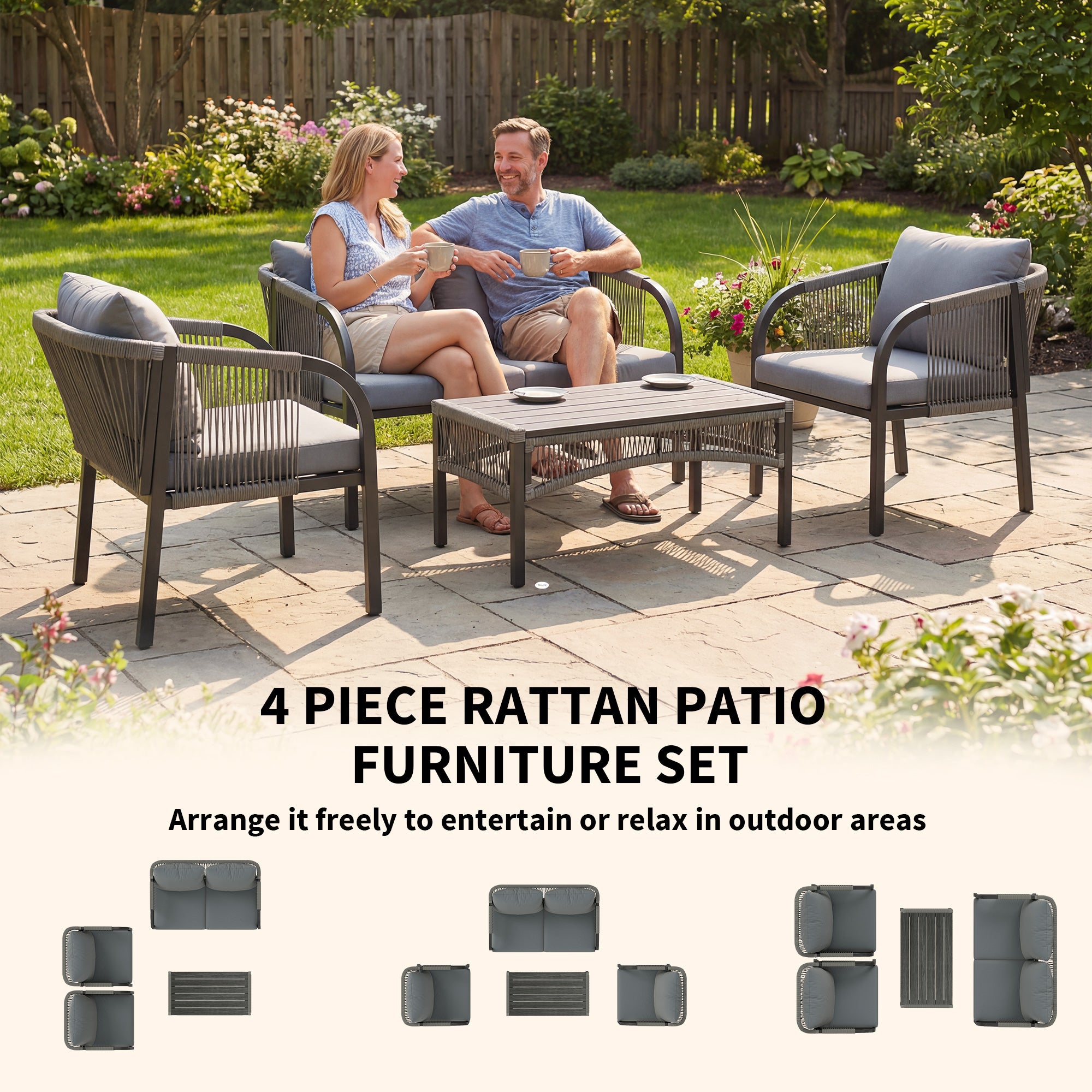 Outsunny 4 Piece Rattan Garden Furniture Set with Loveseat, Armchairs, Table, Steel Frame Wicker Patio Conversation Set, Grey