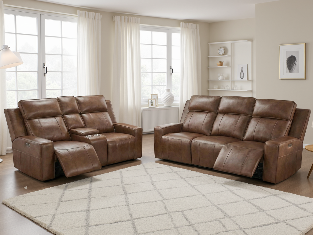 Barcelona Brown Electric Recliner Sofa Set 3+2 Console Cupholders
