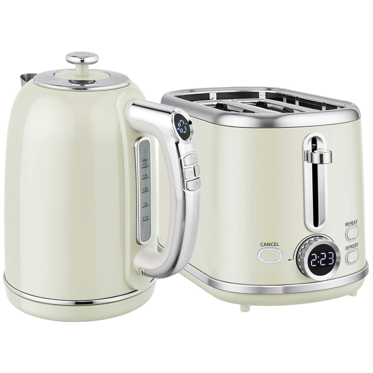 Polished Retro 40-100°C Kettle and Toaster Set - Grey