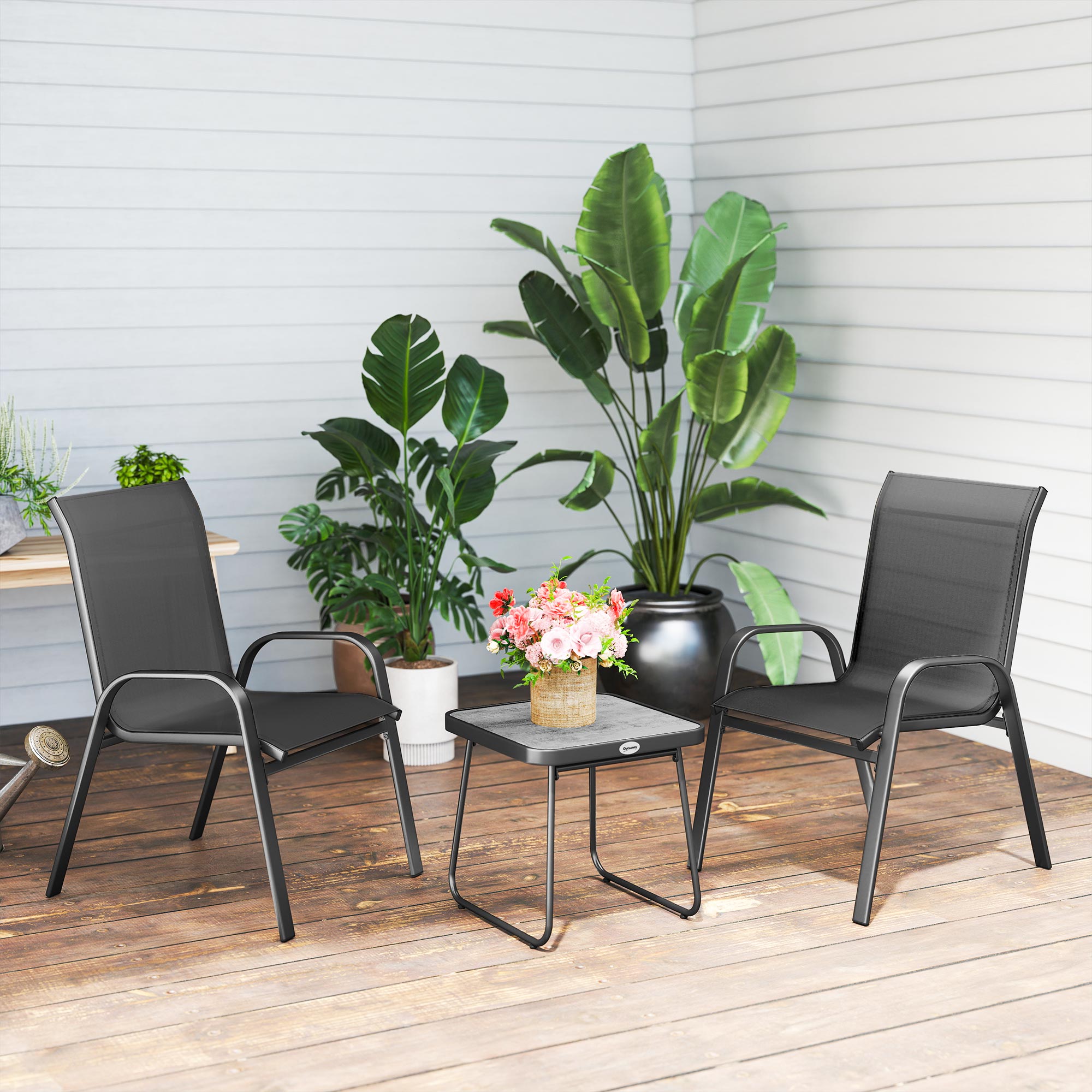 Outsunny 3 Pieces Outdoor Bistro Set, Patio Stackable Armchairs with Breathable Mesh Fabric and SPC Board Coffee Table, Black