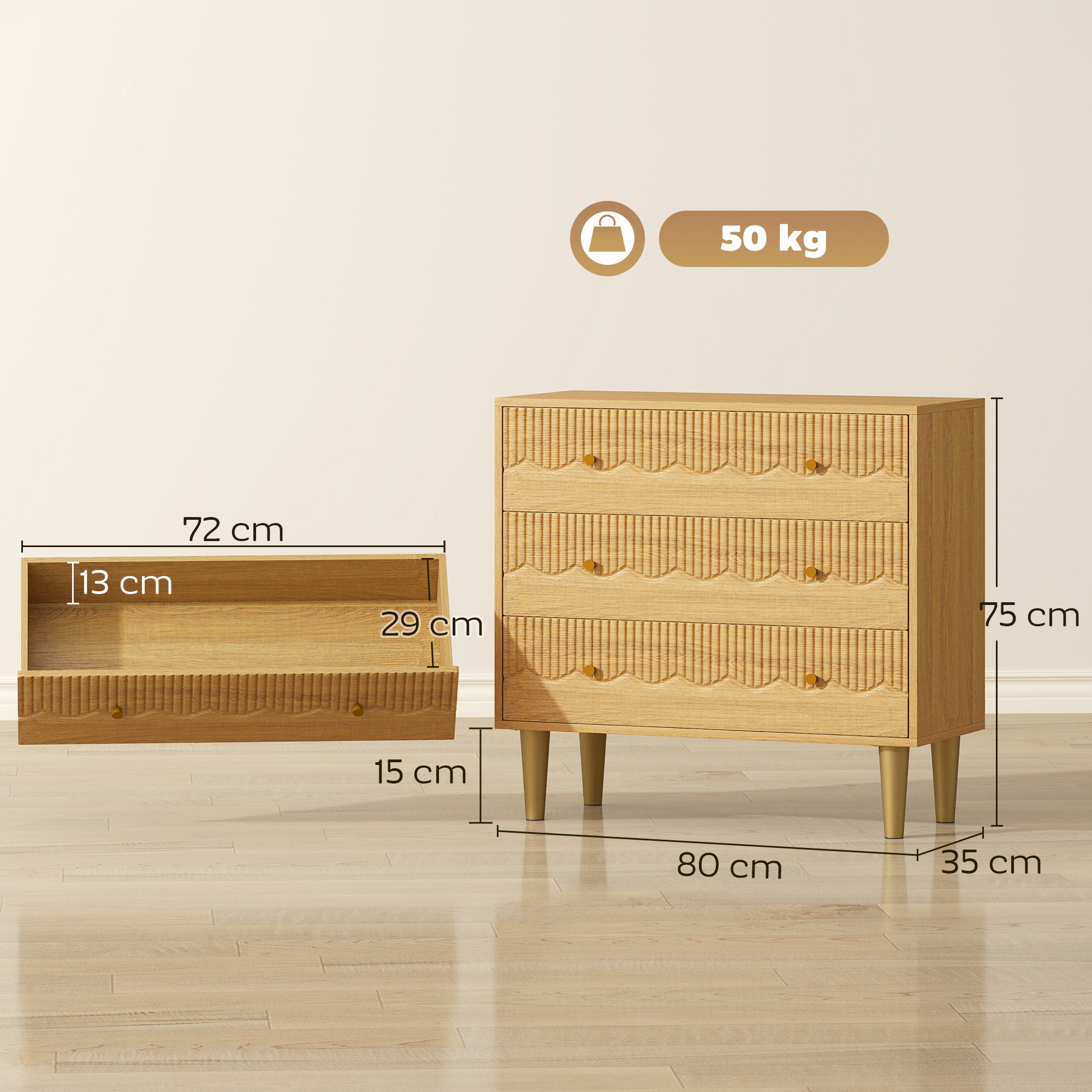 HOMCOM Dresser for Bedroom 3 Drawer Chest of Drawers with Steel Frame for Living Room in Oak