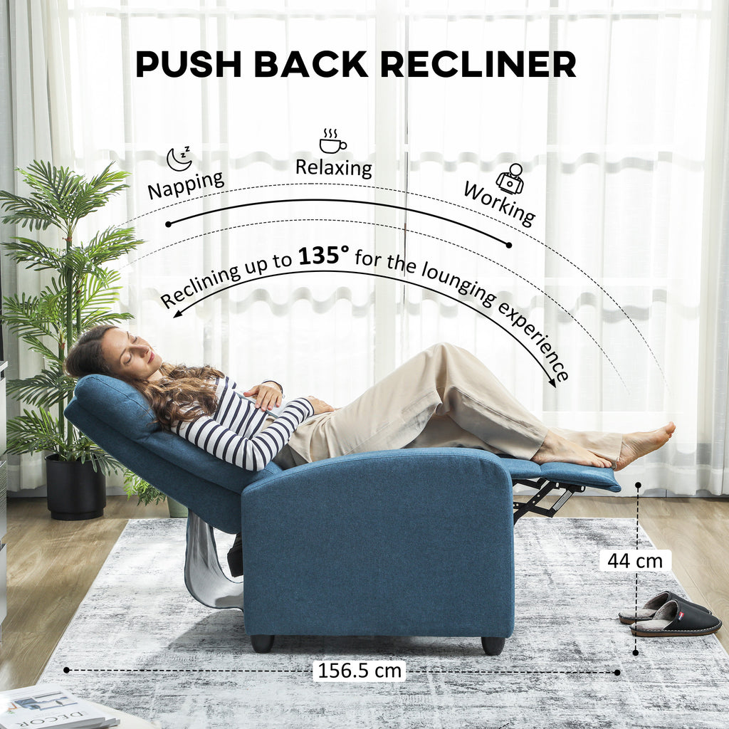 HOMCOM 135° Push Back Recliner Armchair, with Footrest - Blue