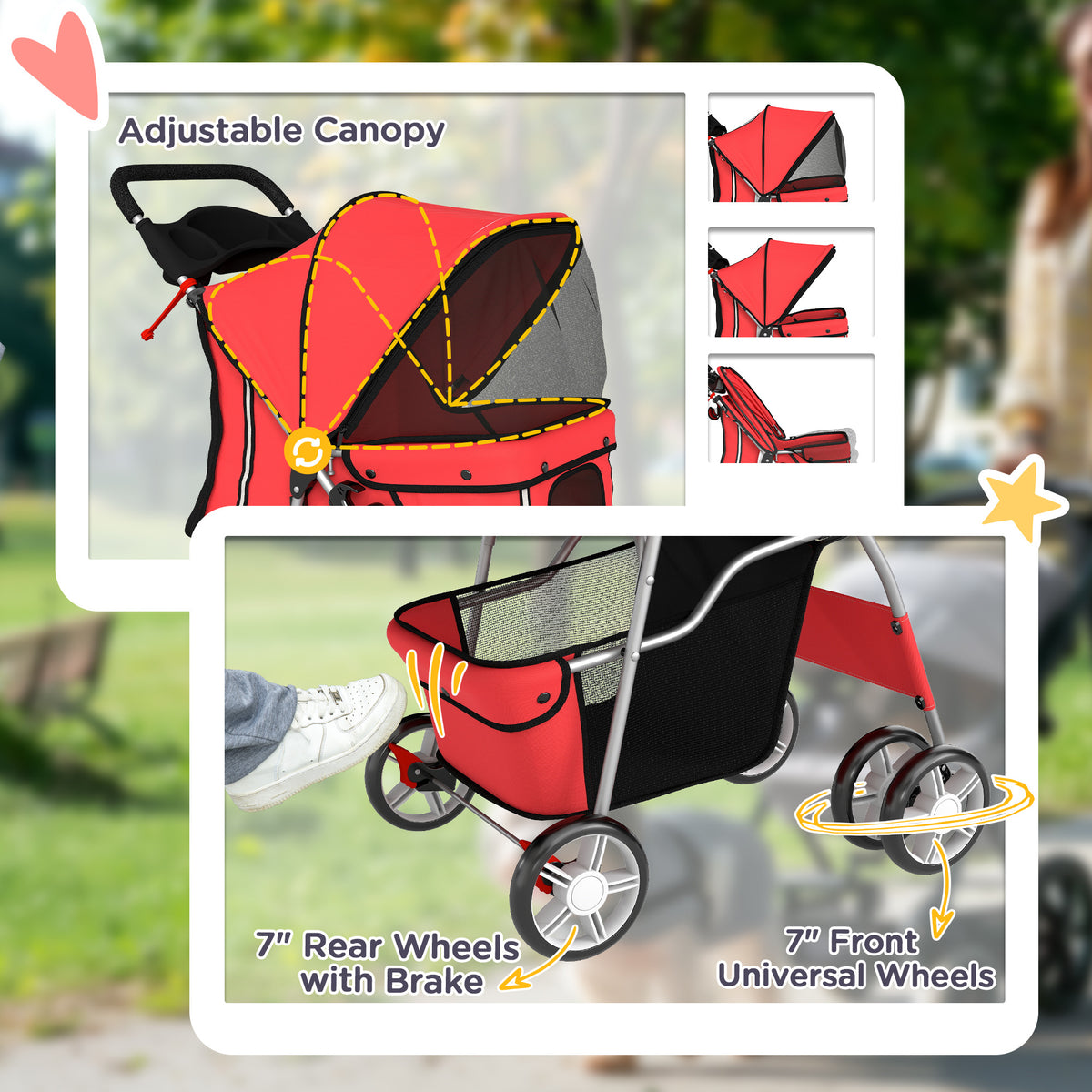 PawHut Dog Pram, Pet Stroller with Reflective Strips, Foldable Cat Stroller with 360° Swivel Wheels, Red