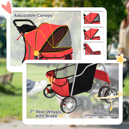 PawHut Dog Pram, Pet Stroller with Reflective Strips, Foldable Cat Stroller with 360° Swivel Wheels, Red