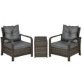 Outsunny 3 Pieces Rattan Bistro Set, Wicker Garden Furniture Set with Storage Coffee Table and Chairs, Thickened Cushions for Outdoor, Patio, Balcony, Grey