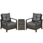 Outsunny 3 Pieces Rattan Bistro Set, Wicker Garden Furniture Set with Storage Coffee Table and Chairs, Thickened Cushions for Outdoor, Patio, Balcony, Grey