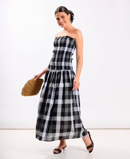 Black Check Drop Waist Midi Dress