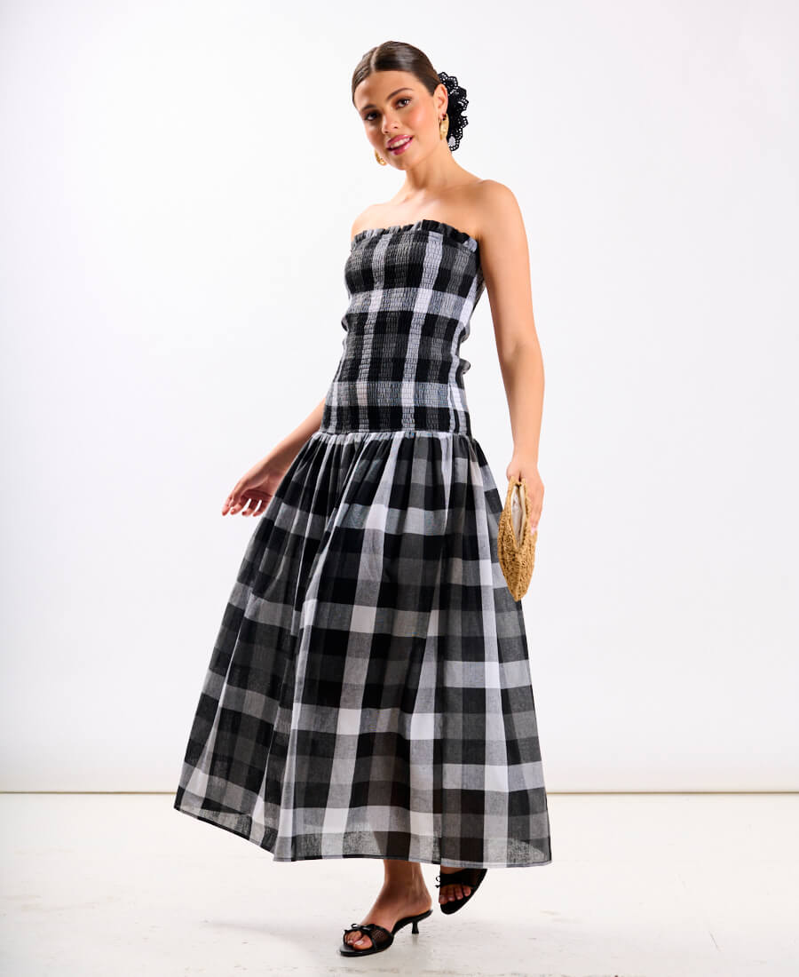 Black Check Drop Waist Midi Dress