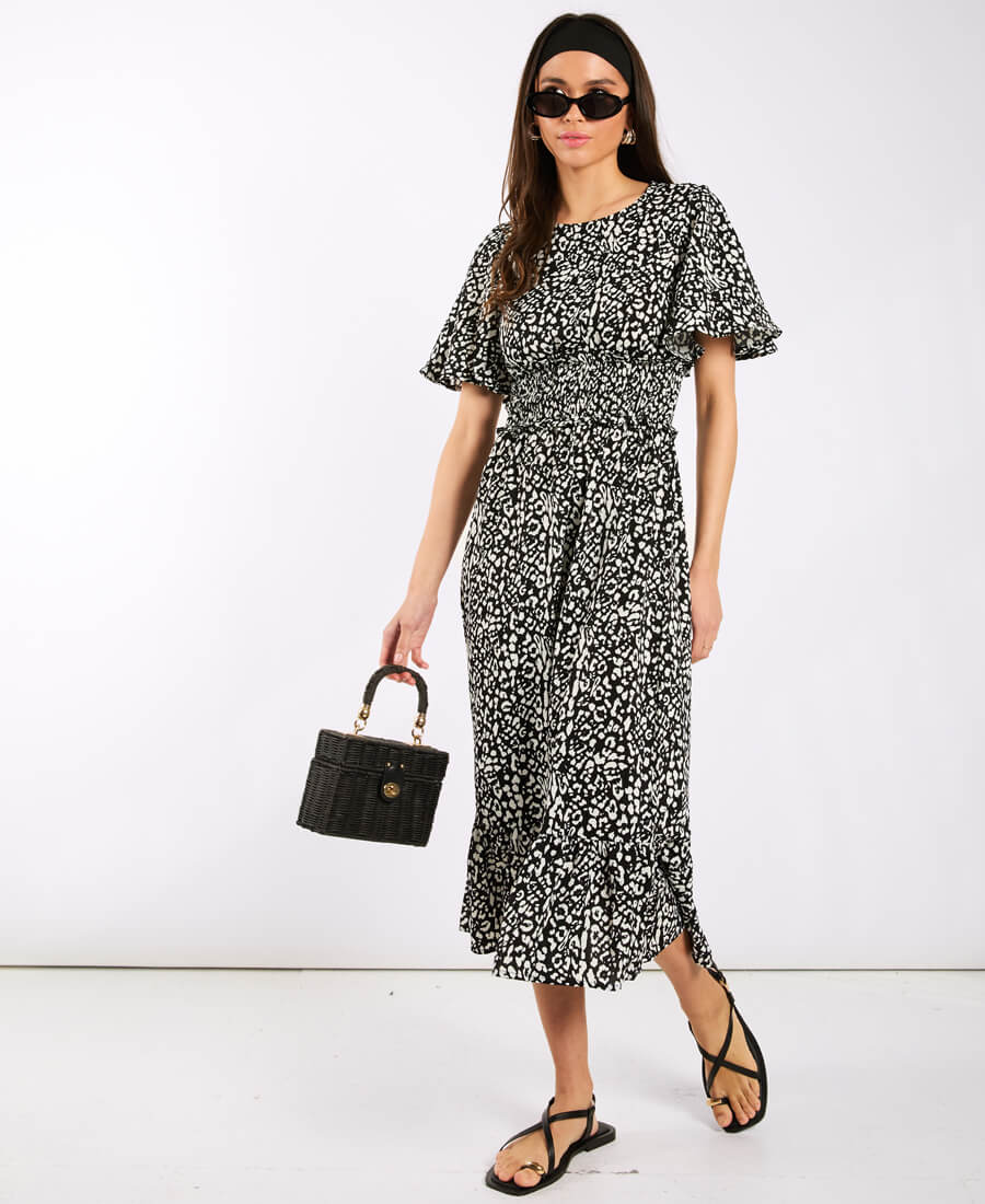 Black Animal Smock Waisted Midi Dress
