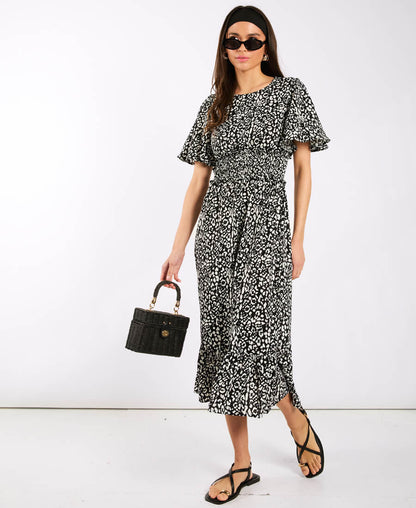 Black Animal Smock Waisted Midi Dress