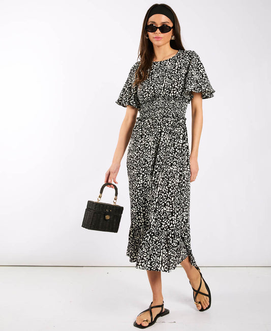 Black Animal Smock Waisted Midi Dress